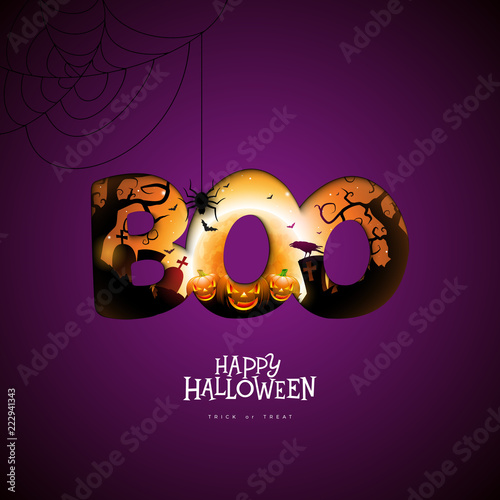 Fotografia, Obraz Boo, Happy Halloween design with pumpkin, moon and flying bats in typography lettering on dark purple background