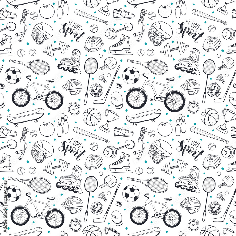 Seamless pattern from sport equipment in doodle style. Vector ...