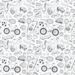 Seamless pattern from sport equipment in doodle style. Vector illustration. Hand drawn sport accessories on white background.