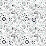 Fototapeta Łazienka - Seamless pattern from sport equipment in doodle style. Vector illustration. Hand drawn sport accessories on white background.