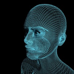 Young woman face from a 3d grid. Wire frame model. Polygonal geometric design. 3D rendering.