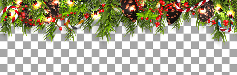 Wall Mural - christmas border (weihnachten girlande) with fir branches, pine cones, holly, and string lights. mer