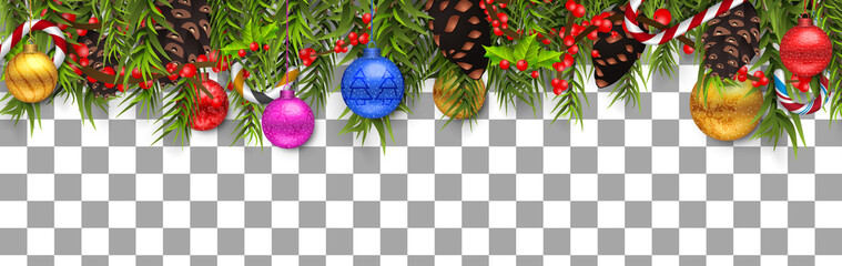Wall Mural - christmas border (weihnachten girlande) with fir branches, pine cones, holly, and string lights. mer