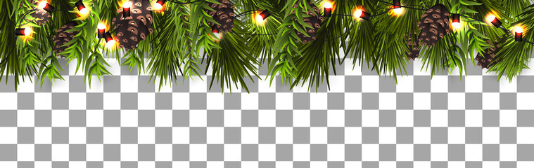 Wall Mural - christmas border (weihnachten girlande) with fir branches, pine cones, holly, and string lights. mer