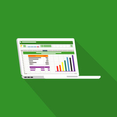 Poster - Spreadsheet on Laptop screen flat icon. Financial accounting report concept. office things for planning and accounting, analysis, audit, project management, marketing, research vector illustration.