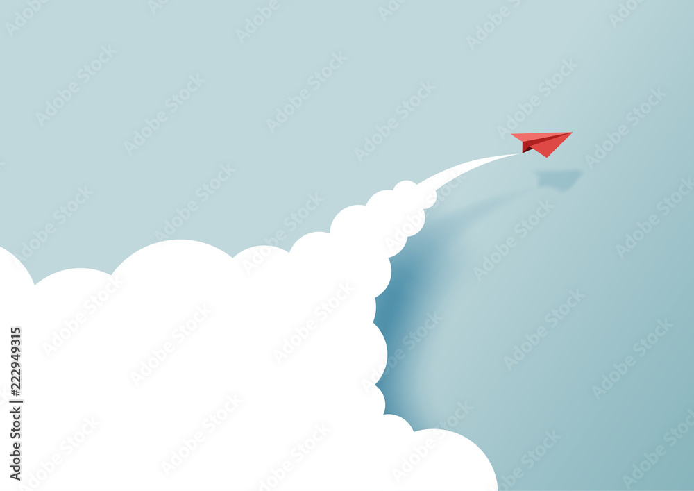 Red paper airplanes flying on blue sky and cloud.Paper art style of business success and leadership creative concept idea.Vector illustration - obrazy, fototapety, plakaty 