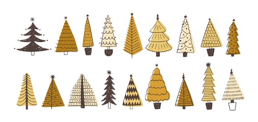 Poster - Set of various firs, pines or spruces decorated with baubles. Bundle of winter coniferous forest Christmas trees isolated on white background. Colored holiday vector illustration in doodle style.