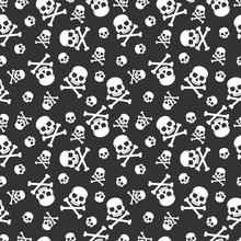 Skull And Crossbones Vector Seamless Pattern For Holiday Halloween. Background For Wallpaper, Wrapping, Packing, And Backdrop.