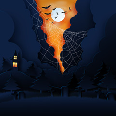 Aufkleber - Paper art of halloween night background.Dark castle and full moon with spider web and cloud.Vector illustration.
