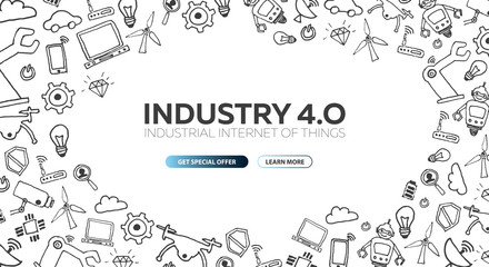 Industry 4.0 banner. Smart industrial revolution, automation, robot assistants. Vector illustration.