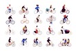 Group of tiny people riding bikes on city street during festival, race or parade. Collection of men and women on bicycles isolated on white background. Colored vector illustration in cartoon style.