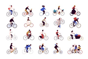 Wall Mural - Group of tiny people riding bikes on city street during festival, race or parade. Collection of men and women on bicycles isolated on white background. Colored vector illustration in cartoon style.