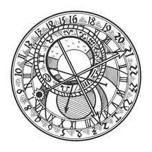 Prague Astronomical Clock Engraving Vector Illustration. Scratch Board Style Imitation. Black And White Hand Drawn Image.