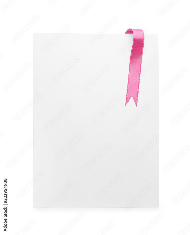 Paper card with pink ribbon on white background