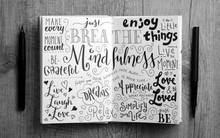 MINDFULNESS Hand-lettered Sketch Notes In Notepad On Wooden Desk With Cup Of Coffee And Pens