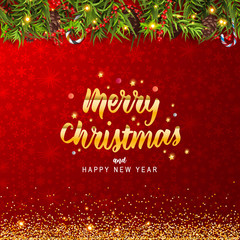 Wall Mural - christmas border (weihnachten girlande) with fir branches, pine cones, holly, and string lights. mer