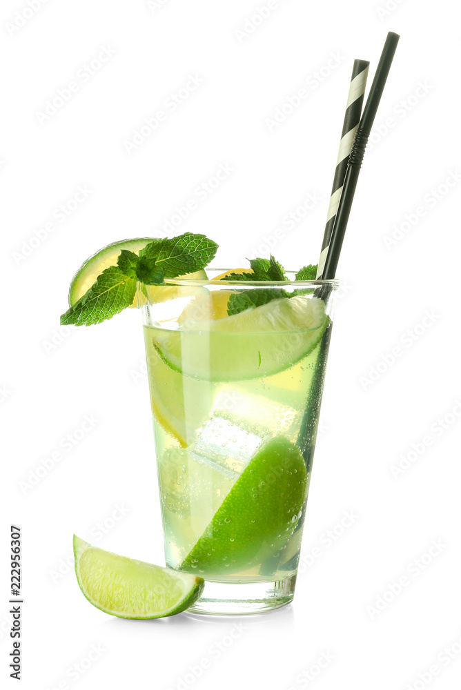 Glass of fresh mojito on white background