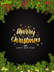 Wall Mural - christmas border (weihnachten girlande) with fir branches, pine cones, holly, and string lights. mer