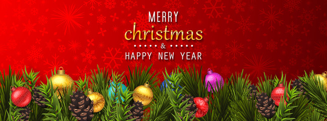 Wall Mural - christmas border (weihnachten girlande) with fir branches, pine cones, holly, and string lights. mer