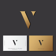  V Letter. Optical Illusion Gold Monogram. Gold V Logo On A Dark Background. Identity. Business Card.