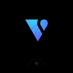 Poster - V monogram. Water logo. Blue letter with drop, isolated on a dark background. Monochrome option.