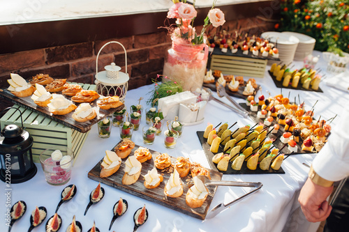 Delicious Snacks On Wedding Reception Table In Luxury Outdoor