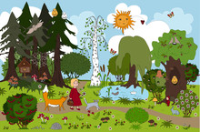Girl And Her Friends Cat And Fox. Childish Background For Mats And Other Design.