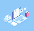 © NazArt - Flat isometric 3d workspace concept vector. Devices set on blue background. Laptop, printer, paper. Modern vector illustration