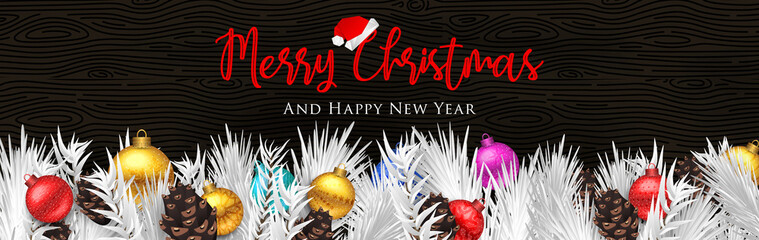 Wall Mural - christmas border with fir branches, pine cones, holly, and string lights. merry christmas background