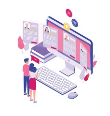 Poster - Pair of tiny people standing in front of giant computer screen and looking through job applications isolated on white background. Concept of personnel recruitment. Isometric vector illustration.