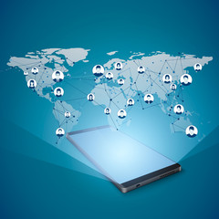 Poster - Hologram of Global Internet Network above Mobile Screen. Social Media Concept. Network Connection. Vector illustration