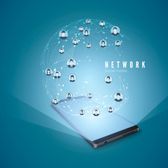 Poster - Smart Phone and Global Network Connections Hologram Design Concept. Modern social media concept. Mobile Internet and social networking. Vector illustration