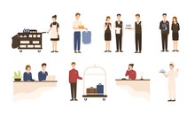Collection Of Hotel Staff - Receptionist, Maid Or Housekeeping Service And Laundry Attendant Workers, Waiters And Waitresses, Chief, Bellhop Isolated On White Background. Cartoon Vector Illustration.