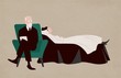 Woman lying on couch and Sigmund Freud sitting in armchair beside her and asking questions. Dialogue between patient and psychoanalyst. Psychoanalysis and psychotherapy. Flat vector illustration.