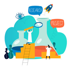 Research, science lab, scientific experiment, testing, laboratory research flat vector illustration design for mobile and web graphics. Science and medical research concept
