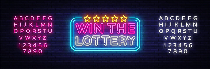 Wall Mural - Win the Lottery neon text vector design template. Lotto symbols neon logo, light banner design element colorful modern design trend, night bright advertising. Vector. Editing text neon sign