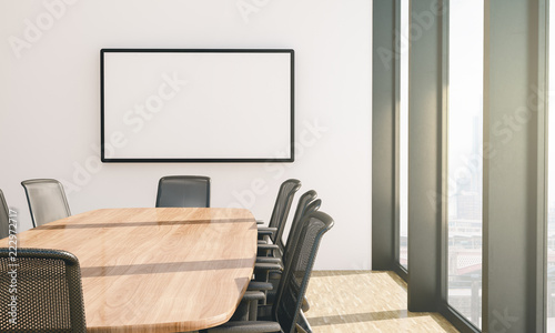 Download White Screen Mockup On Conference Room Stock Photo Adobe Stock