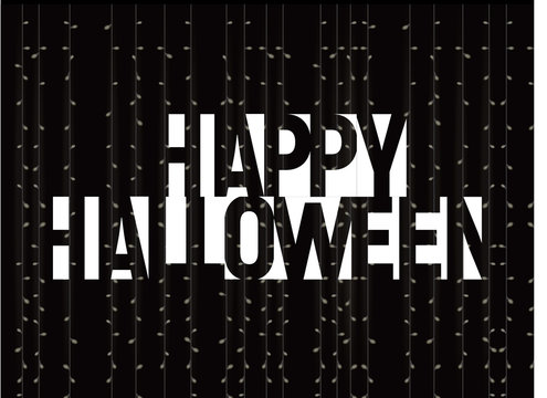 Happy Halloween greeting card. Negative space white letters on black background with garlands, vector illustration.
