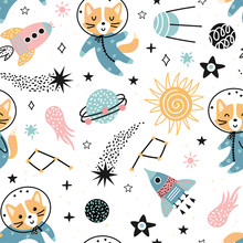 Seamless Space Pattern With Cute Foxes