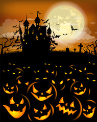 Wall Mural - Halloween background with scary pumpkins and Dracula castle