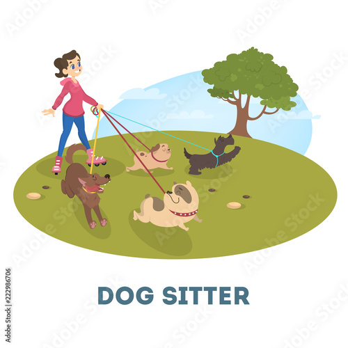 Cuadros en Lienzo Female dog sitter walking with cute pets