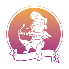 Poster - Cupid with harp on round emblem rainbow lines