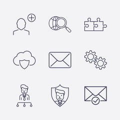 Outline 9 connection icon set. user shield, globe search, cloud security, organization, check message, gear setting, add user, mail and jigsaw vector illustration