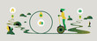 A man rides a Segway on a winding road. Icons, flat style, SEO, for background, web.