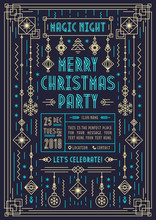 Christmas Party Poster With Holiday Toys Geometric Art Deco Line Style On Black Background For Flyer, Greeting Card, Invitation. Vector Illustration 10 Eps