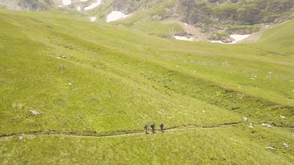 Wall Mural - aerial view group of tourist hiking on green meadow in summer mountain valley