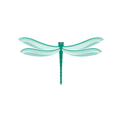 Canvas Print - Flat vector icon of small dragonfly with long turquoise body two pairs of large transparent wings. Fast-flying insect