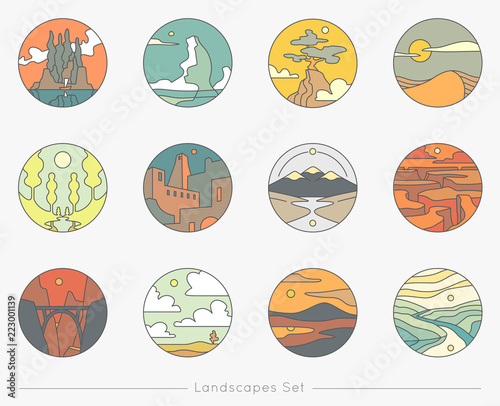 Fotografía Collection of flat outline icons with nature landscapes