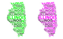 Sketch Illinois (United States Of America) Letter Text Map, Illinois Map - In The Shape Of The Continent, Map Illinois - Green And Purple Vector Illustration