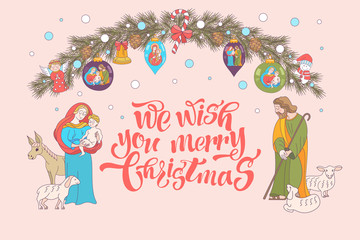 merry Christmas. Vector greeting card. Wreath of Christmas trees decorated with Christmas toys. The virgin Mary is holding the baby Jesus. Saint Joseph is with them.